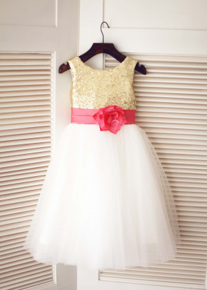 Gold Sequin Ivory Tulle Classic Flower Girl Dress